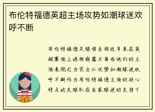 布伦特福德英超主场攻势如潮球迷欢呼不断